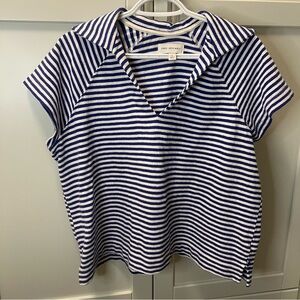 FREE ASSEMBLY Blue & White Striped Boxy V-Neck Polo Top | Towel-like | Sz Large